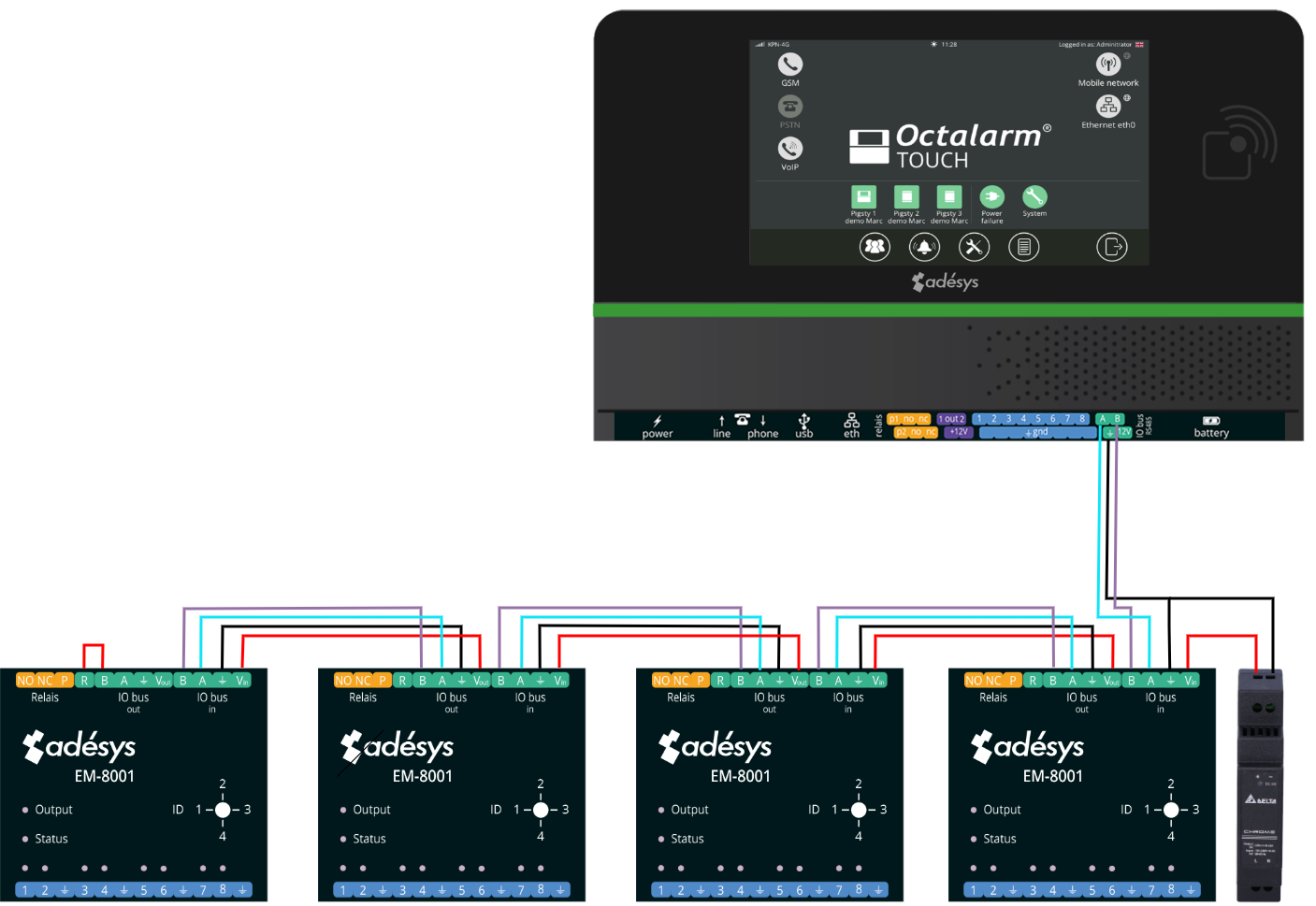 Aansluitschema 4x EM-8001 aan externe voeding