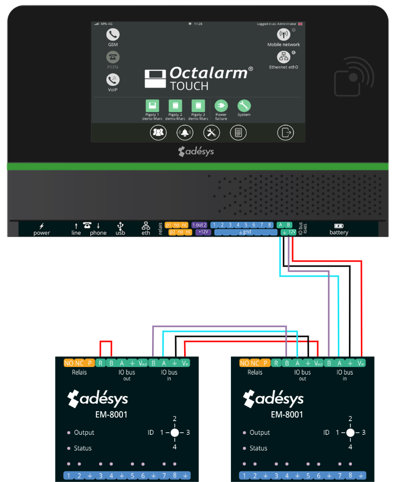 Aansluitschema 2x EM-8001 aan Octalarm alarmmelder