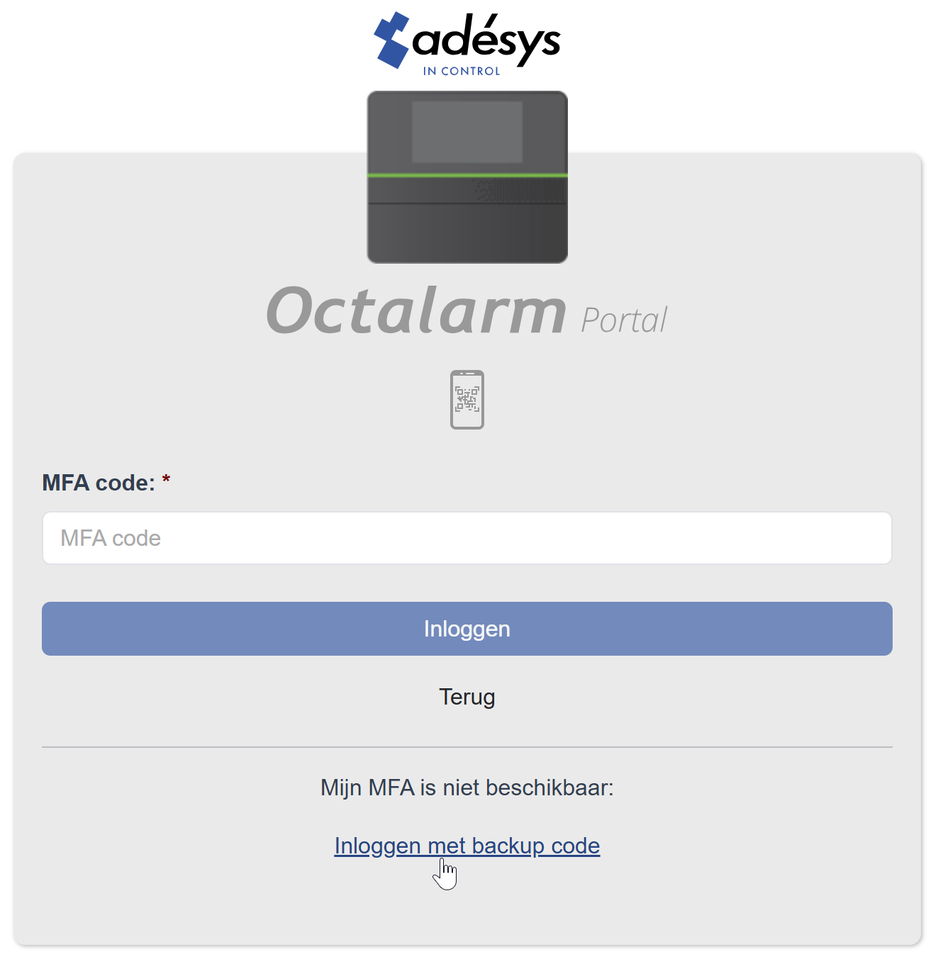 Screenshot inloggen met backup code 