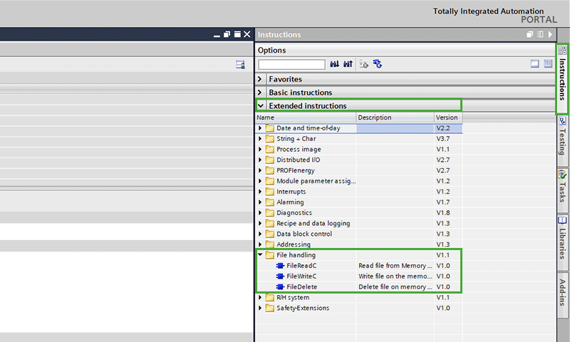 Screenshot FileReadC in TIA Portal
