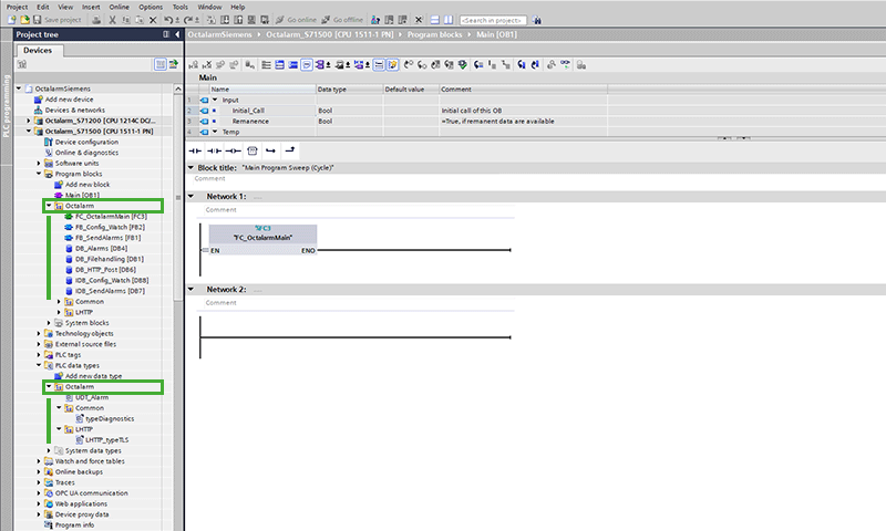 Schermafbeelding Octalarm-mappen in PLC-programmeertool